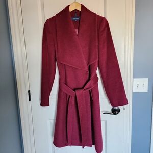 Cole Haan Oversized Collar Wool Wrap Coat in Berry